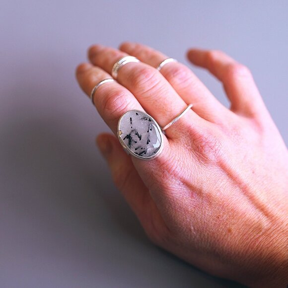 Tourmalinated Quartz Crescent Moon Ring SZ 7.5 Handmade by Me Sterling Silver - Picture 2 of 7